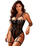 comeondear Body Femme Lingerie avec Porte-Jarretelles Une Pièce Négligé en Dentelle Babydoll Teddy Nightwear Bretelles Réglables avec 2 Poignets de Cuisse(Noir,M-L)