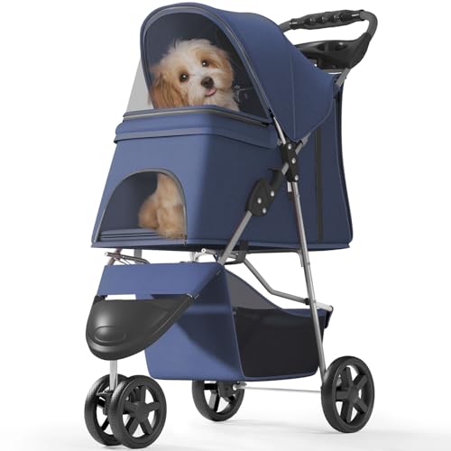 OS MOTOR Pet Stroller with 3 Wheels for Small/Medium Pets Portable Travel Foldable Carrier Jogger for Dog Cat Puppy Kitty Rear Wheel Breaks Storage Basket Visible Mesh Weather Cover (Navy Blue)