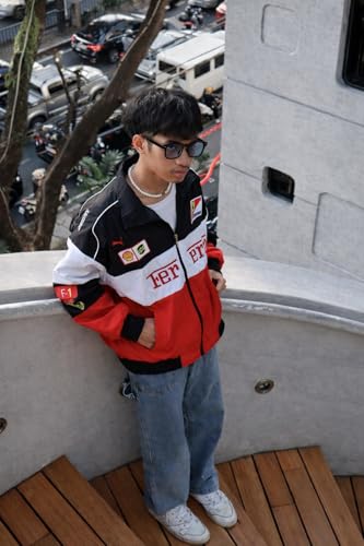 Image of ZYROX Red& White F1 Speed Printed Jacket | Motorsport & Streetwear Fusion | Racing Jacket with Patches, Full Zip Hooded Motorsport Style Outerwear RED