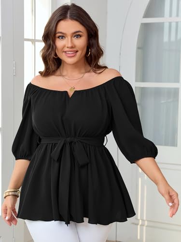 Women's Plus Size Square Neck Peplum Blouses Dressy Tops 3/4 Puff Sleeve Empire Waist Tie Ruffle Hem Babydoll Top3