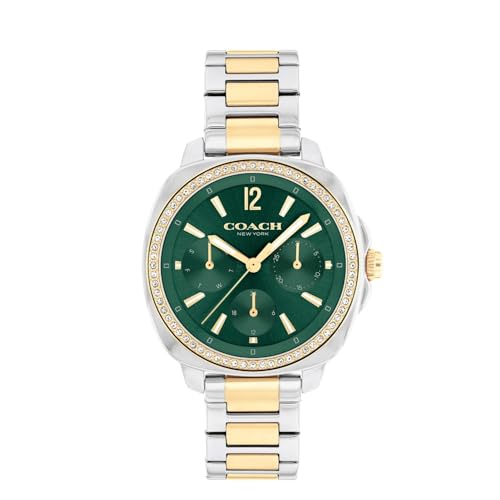 Image of Coach Kitt Qtz Multifunction Green Tonneau Dial Women's Watch|Two Tone Stainless Steel Material|Silver Color Band - 14504394