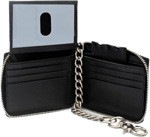 RFID Safe Leather Bi-fold Chain Wallet for Men Zip around Purse for Women Biker's Trucker YKK Metal Zipper Closure Filp up window ID (Black with Chain)