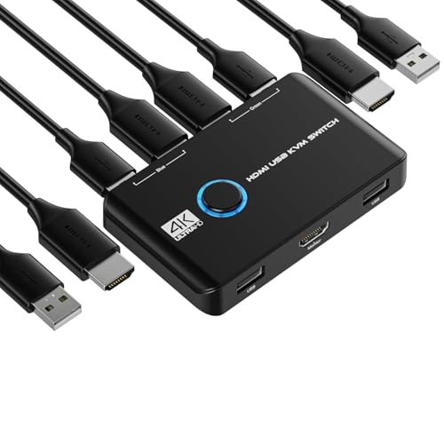 Jancane KVM Switch 4K 60Hz HDMI KVM Switch 2PC 1 Monitor, 2 Puertos Box USB HDMI Switches para 2 ordenadores compartir teclado, ratón, impresora y un monitor HD