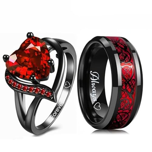 LAxto Custom Engraved Couple Promise Rings Set - Matching Wedding Rings for Him and Her - Celtic Dragon Tungsten & Ruby (Red-Couples)
