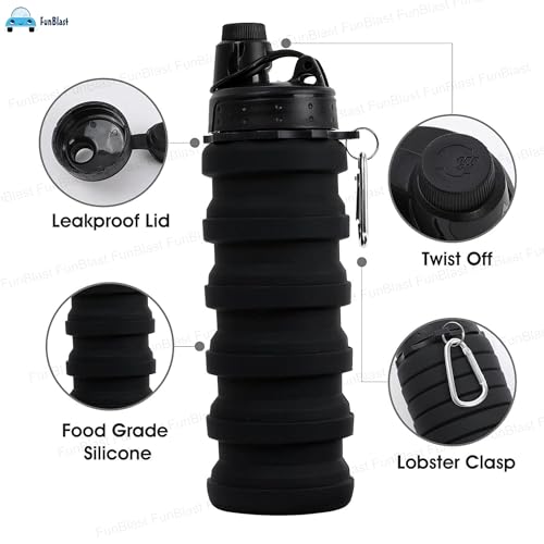 Image of FunBlast Silicone Sipper Bottle - 500 ML, Expandable Water Bottle for Home, Office, Gym, Trekking, BPA Free Food-Grade Collapsible Leak Proof Portable Travel Water Bottle (Black)