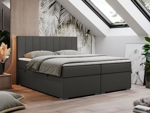 MKS MEBLE Boxspringbett 180x200 cm, Bett mit Multipocket Matratze H3 und Topper T25, Boxspringbett mit Bettkästen, Polsterbett mit Kopfteil - Lope - Dunkelgrau Kunstleder