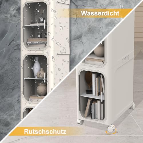 Image of 5-Tier Slim Tall Bathroom Cabinet, Plastic Narrow Cabinet with Doors and Shelves, Floorstanding Skinny Organizer with Wheels