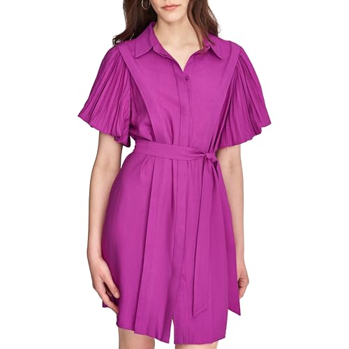 DKNY Women's Pleated Short Sleeve Collared Neck Shirtdress with Removable Belt