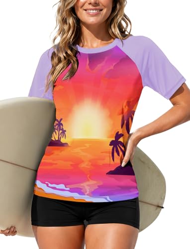 Image of AOBUTE Women Short Sleeve Rash Guard UPF 50+ Tropical Sun Protection Floral Swim Shirts