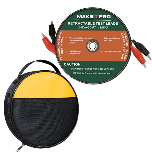Image of Retractable Test Leads 2 Wires 30FT 18AWG Aligator Clips in Reel with Cable Bag for Circuit Connection /Electrical Testing and Troubleshooting
