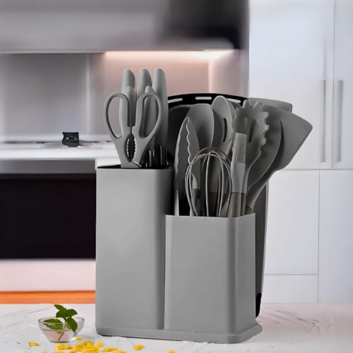 Kit Utensílios De Cozinha Silicone Cabo De Madeira Antiaderente Premium Conjunto 19 Peças Cinza Inox
