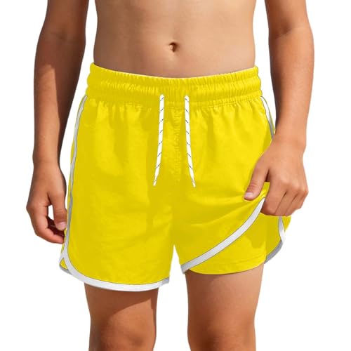 CEWIFO Bañador para niños de secado rápido, con cordón ajustable, forro de malla 2 en 1, con pantalones interiores de compresión, amarillo, 10-11 años