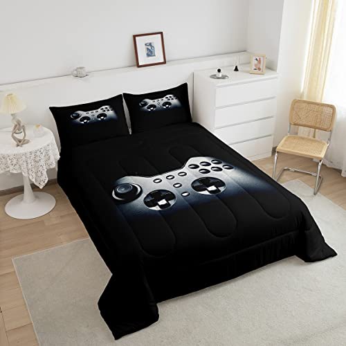 Loussiesd Teens Boys Duvet Insert Black Gamer Duvet Video Game Gamepad Print Bedding Set Gaming Duvet Game Controller Duvet Set Kids 2Piece 1 Duvet Insert with 1 Pillowcase (Single)