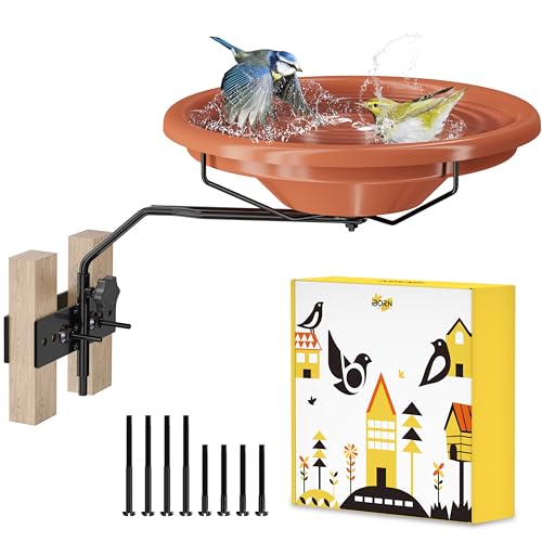 iBorn Bird Bath for Outside，Fence Mounted Bird Bath，Bird Baths for Outdoors, 12in BPA-Free Bowl，360°Swivel & Adjustable Height Bracket，Detachable Bird Bath for Fence Railing, Pack of 1
