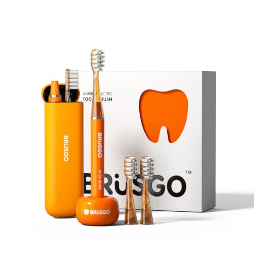 MIPOW BRUSGO i4-Snap (Brush GO) Slim Electric Toothbrush Rechargeable Sonic 3 Modes, Travel Case&Ceramic Dock, 90Days Battery Soft Bristles 3 Brush Heads IPX7 Waterproof, Color-Orange
