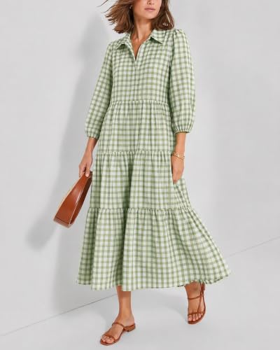 Image of Women Button Down Maxi Shirt Dress Long Sleeve Flowy Tiered Collared Dresses with Pockets