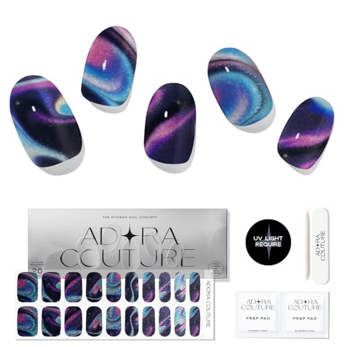 Adora Couture Semi Cured Gel Nail Strips with 20 Pieces, Salon Quality Wraps for Women, Galaxy Swirl Colorful Cateye UV Gel Stickers, UV Light Required, Lost in Space