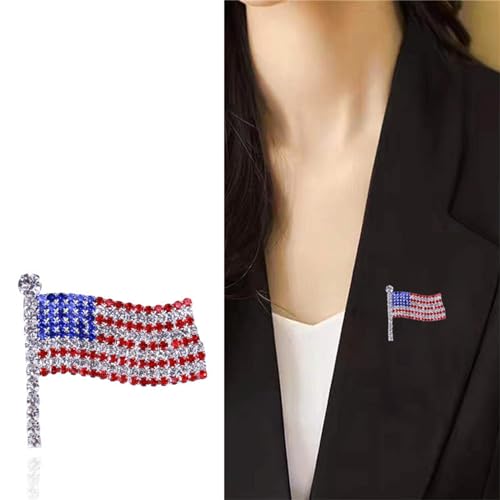 Image of Rhinestone Waving USA Flag Brooch Pin for Men Women Silver Tone Fashion Crystal 4th of July American Patriotic Medal Blue Red Enamel Brooches Dress Accessories Veterans Independence Memorial Day Jewelry