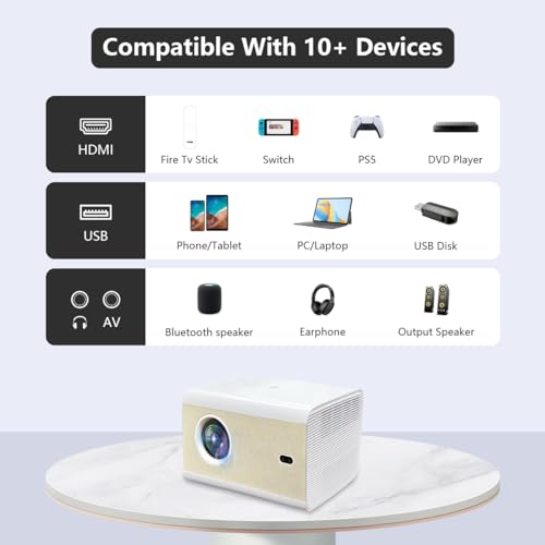 Image of 4K 250ANSI Bluetooth Home Smart Wifi Projector with 200 inch Screen, Trackolor J5 mini LCD Movie Projector Compatible with iOS /Android Phone /Tablet /Laptop /PC /USB /DVD /Game Console PS5 /Speaker, white