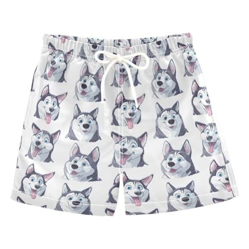 Cartoon Husky Dog Boys' Swim Board Shorts Quick-Dry Fabric Ideal for Swimming Lounging & Travel