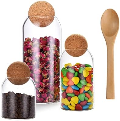 WITOP 3 Pack Storage Glass Jar Set Food Storage Tank With Ball Cork 500 ML,800ML,1200ML, Round Cork Glass Bottle, Small Candy Jar with Wood Ball Lid for Food, Coffee, Sugar, Spice, Tea, DIY Decoration