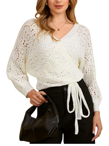 MakeMeChic Women's Fall Crochet Cardigan Sweaters Wrap Pointelle Lantern Sleeve Tie Side Cardigans V Neck Crop Knitwear