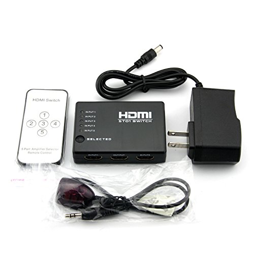 RuiLing 5-Port HDMI Switch 5x1 5 in 1 Out Auto Switch Support HDCP, 3D, 1080P, HD Audio with IR Remote and AC Power Adapter