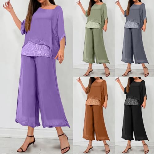 HGps8w Elegant Sequin Patchwork Two Piece Set for Womens Pant Suits Mother of The Bride Wedding Guest Flowy Formal Outfits2