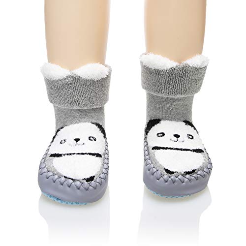 Baby Boy Girl Animal Moccasins Non-Skid Indoor Slipper Toddlers Winter Warm Shoes Socks(Grey Panda, 6-12 Months)