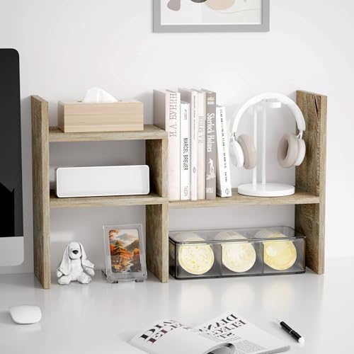 Image of Jerry & Maggie Office Desk Organizers and Accessories for College Dorm Decor, Supplies Wooden Desk Organizer for Plants, Cubicle Shelf of Makeup Organizer for Cute Room Decor, Grey Oak