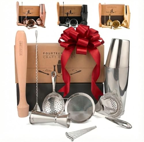 A Bar Above 14-Piece Stainless Steel Bartender Kit, Premium Professional Barware Set for Home Bars and Mixologists, Includes Cocktail Shaker, Jigger, Spoon, Strainers, Muddler, Picks, and More