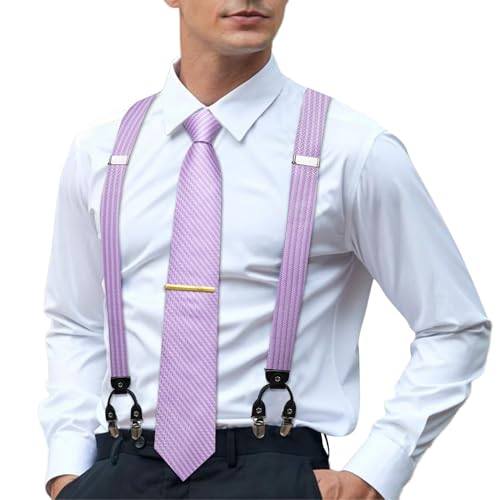 Image of Hi-Tie Men's Suspenders and Tie Set Silk Adjustable Elastic Y Braces with Strong 6 Clips Pocket Square Set