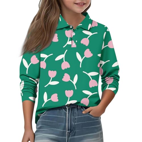 Girls Polo Shirts Long Sleeve School Uniform Floral Print Soft Casual Top