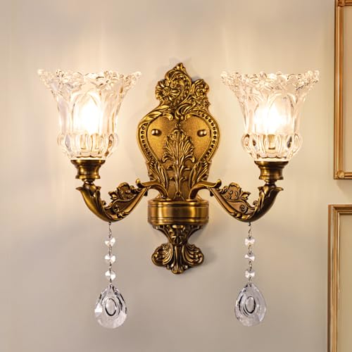 Image of Wellmet 2-Lights Gold Wall Sconce, Retro Wall Light, Bathroom Vanity Wall Lamp, Wall Light Fixtures for Living Room, Bedroom, Hallway, Bathroom, Stairway, W-18in (Bulb not Include)