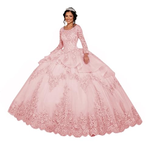 ZHengquan Flower Apllique Quinceanera Dresses Ball Gown Long Sleeves Tulle Sweet 16 Dresses Beaded Puffy Princess Dress