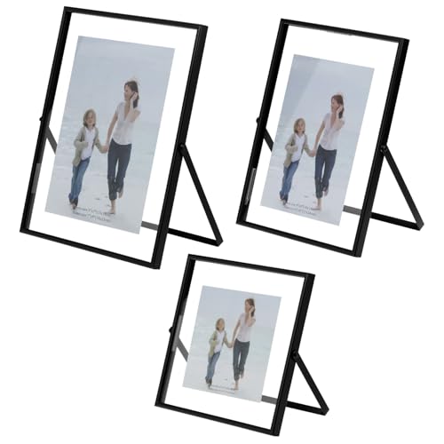 QWORK Black Metal Floating Picture Frames Set of 3 (5x7 4x6 4x4) Double Glass Photo Frames for Tabletop Display Minimalist Geometric Design Frames for Home Decor Wedding