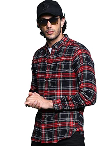 Image of THE BEAR HOUSE Men's Cotton Black & Red Checks Slim Fit Shirt | L |TBH-Anglo-BK-L |