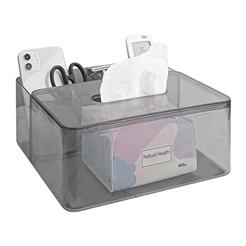 Linkidea Tissue Holder, Facial Tissue Box Cover with Storage Organizer Napkin Dispenser, Multifunctional Storage Box for Office, Home, Table, Desk (Grey)