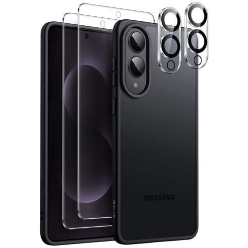 JETech 5 en 1 Funda Mate para Samsung Galaxy S25 Edge con 2 Protector Pantalla y 2 Protector Lente Cámara, Carcasa Respaldo Translúcida, Cristal Vidrio Templado (Negro)