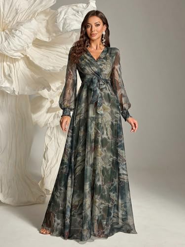 Image of TOLEEN Summer Casual Dresses for Women 2024 Spring Fashion Boho V Neck Long Sleeve Ruffle Floral Print Elegant Maxi Dress