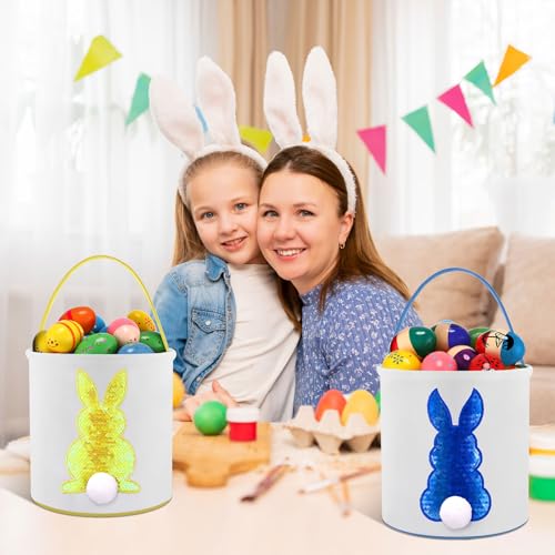 Image of Honeydak 6 PCS Kids Basket, Colorful Sequined Bunny Canvas Bags