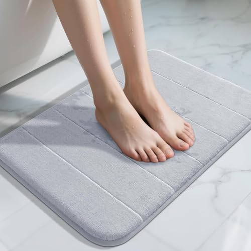 Yimobra Memory Foam Bath Mat, Super Soft Absorbent Bathroom Rug Non Slip, Quick Dry, Machine Washable Floor Carpet for Tub Shower, Home Decor Accessories, 24x17, Silver