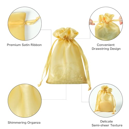 Image of QIANF 20 Pcs Gold Small Organza Bags 4X6 inch for Wedding Favors with Drawstring, Mini Mesh Gift Bags Jewelry Pouch for Candy Bridal Shower Party Favor Baby Shower Christmas