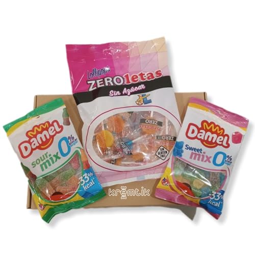 Kremtik CAJITA CHUCHES SIN AZÚCAR PARA DIABÉTICOS | Gominolas y Piruletas | 0% Azúcar - x3 Zeroletas x3 Cola Sour Mix x3 Sweet Mix