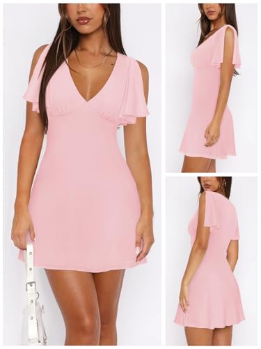 Image of MIYIEONZ Mini Dresses Sexy Short Summer Wedding Guest Dress Light Pink L