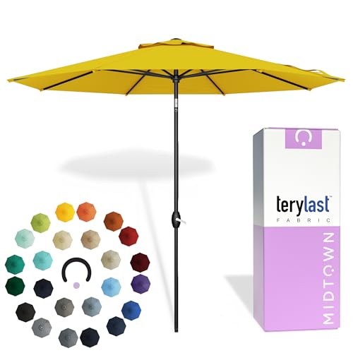 Image of Midtown Umbrellas - 10-Year-No-Fade 10 Ft Patio Umbrella with Terylast Fabric, Auto-Tilt Aluminum Frame and 8 Reinforced Ribs for Deck, Pool, Garden & Beach - Sunflower Yellow Canopy, Black Pole