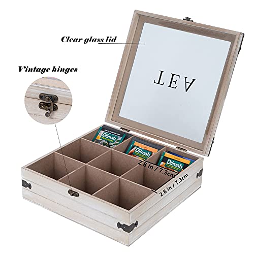Ahuonel Tea Box Organizer Tea Bag Holder, 9 Compartments Rustic Tea Storage Box, Tea Chest Tea Organizer Container For Tea Bags, Creamers, Sugar, Coffee Pods, Instant Coffee Packets (Gray) #TOP6