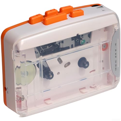 Lecteur cassette portable avec radio FM et enregistrement, alimenté par USB ou piles, transparent rétro pour Walkman Style Tape Deck avec écouteurs stéréo (Orange)