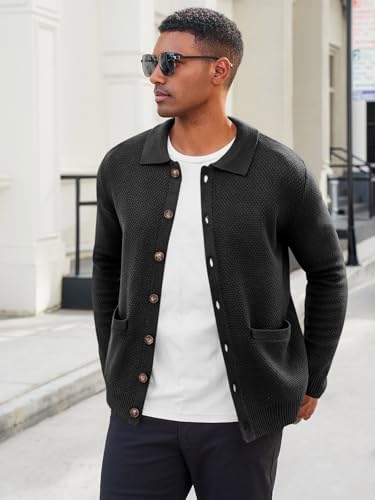 Runcati Mens Cardigan Sweater Casual Knitted Button Down Collared Cardigan Fall Winter Warm Polo Sweaters with Pockets4