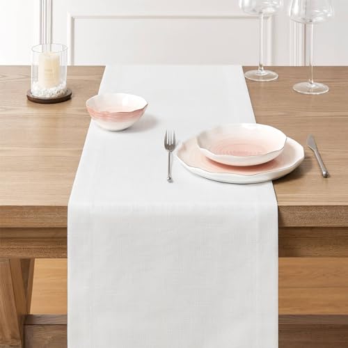 Image of ZeeMart Linen Textured Border Table Runner, 14 x 108 Inch White, Farmhouse Style White Table Runners 108 Inches Long, Easy Care Everyday Polyester Table Runner